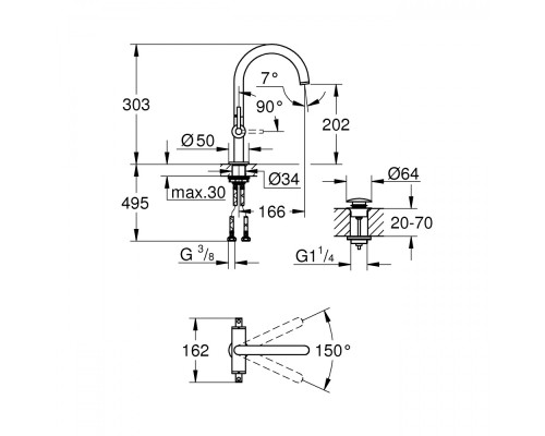 Смеситель Grohe двухвентильный для раковины на 1 отверстие