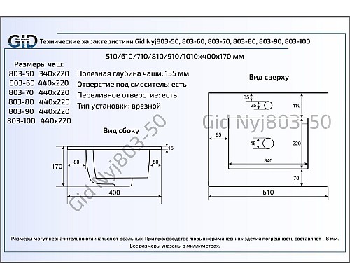 Керамическая раковина Gid NYJ803-80 71111