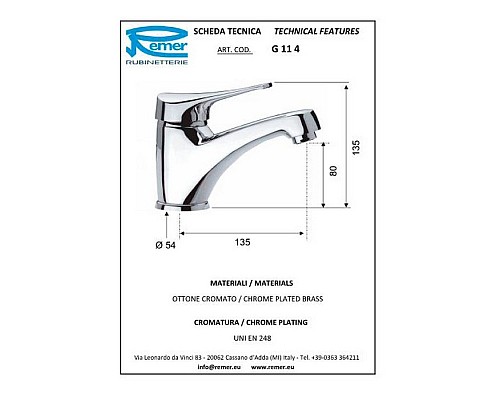 Смеситель для раковины Remer Giga Four G114 Хром