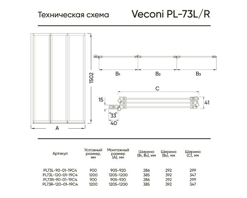 Шторка на ванну Veconi Palau PL-73BR 90 R Черный матовый