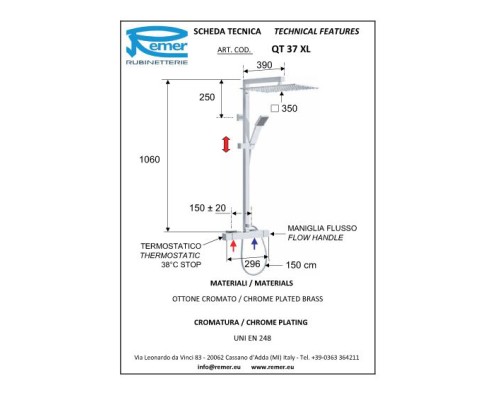 Душевой гарнитур Remer Qubica Thermo QT37XL с термостатом Хром