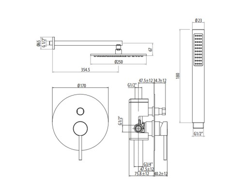 Комплект для душа Gattoni Circle Two со встроенным смесителем, лейкой и верхним душем