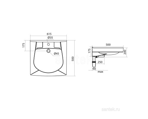 Прямоугольная раковина Santek Пилот 50 1WH301970