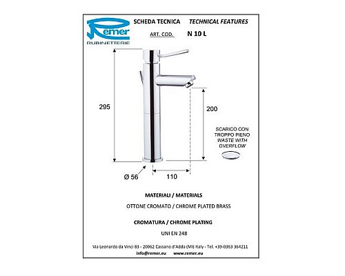 Смеситель для раковины Remer Minimal N10L Хром