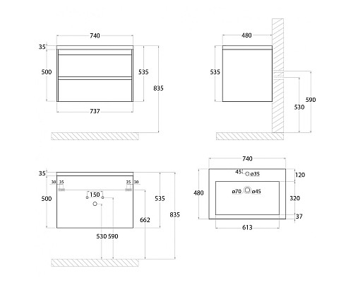 Тумба под раковину Art&Max Family-750-2C-SO-BL подвесная Белый глянец