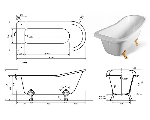 Ванна из искусственного камня Эстет Царская 170х73