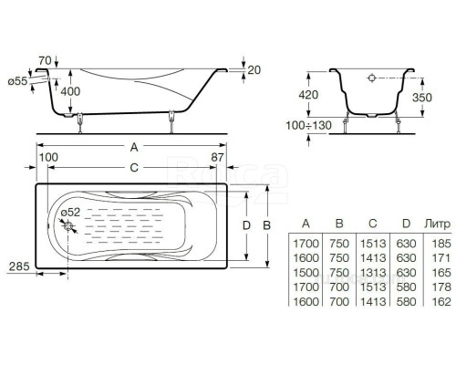 Чугунная ванна Roca Malibu 2333G0000 170х70 