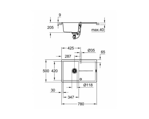 Кухонная мойка Grohe K400 78 Черный гранит