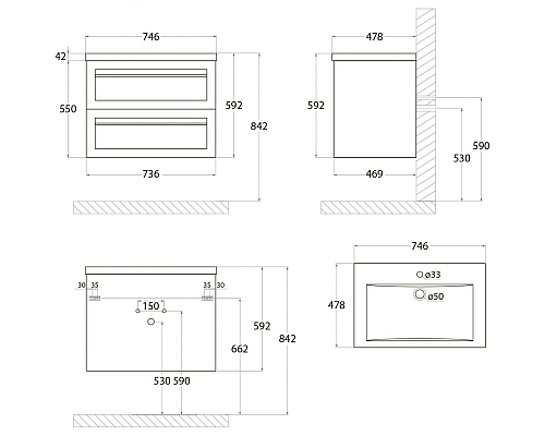 Тумба под раковину Art&Max AM-Platino-750-2C-SO-NM подвесная Черная матовая