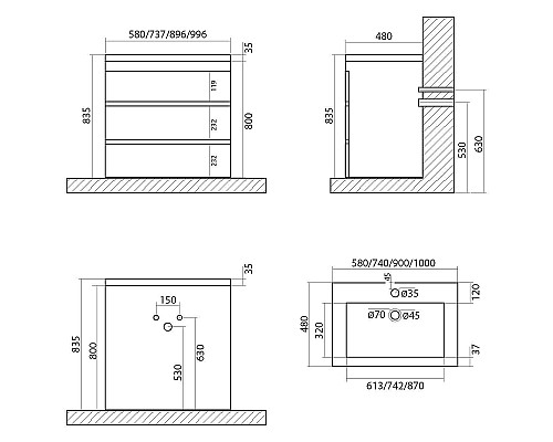 Тумба под раковину Art&Max Family-900-3C-PIA-CV Цемент