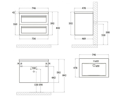 Тумба под раковину Art&Max AM-Platino-750-2C-SO-NM подвесная Черная матовая