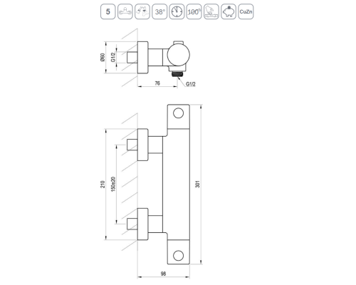 Смеситель для душа Ravak Puri PU 033.20/150 X070188 с термостатом Черный матовый