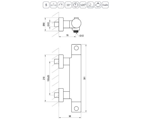 Смеситель для душа Ravak Puri PU 033.20/150 X070188 с термостатом Черный матовый