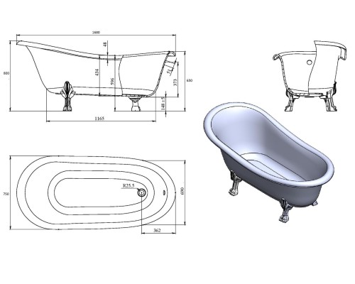 Ванна из искусственного камня Castone Даллас 170x82 Белая