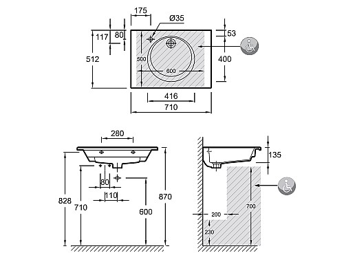 Раковина Jacob Delafon Odeon Rive Gauche 70 EXAX112-Z-00 Белая