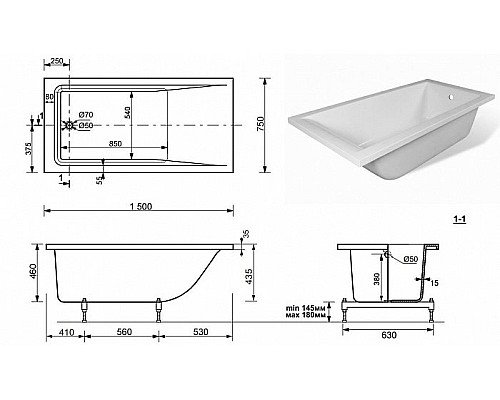 Ванна из искусственного камня Эстет Дельта 150х75