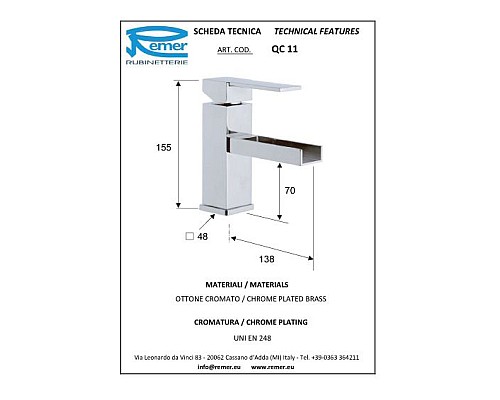 Смеситель для раковины Remer Qubica Cascata QC11 Хром