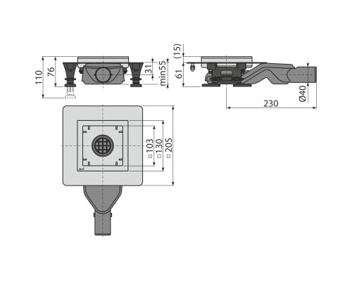 Душевой трап AlcaPlast APV110 выпуск боковой, гидрозатвор мокрый, без pешетки