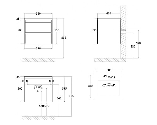 Тумба под раковину Art&Max Family-580-2C-SO-BL подвесная Белый глянец