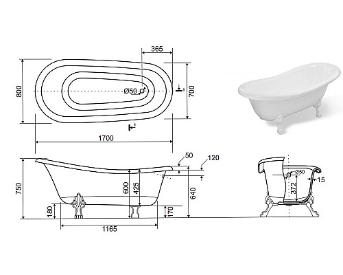 Ванна из искусственного камня Эстет Марсель 170х80