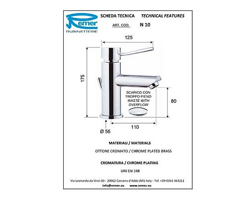 Смеситель для раковины Remer Minimal N10 Хром