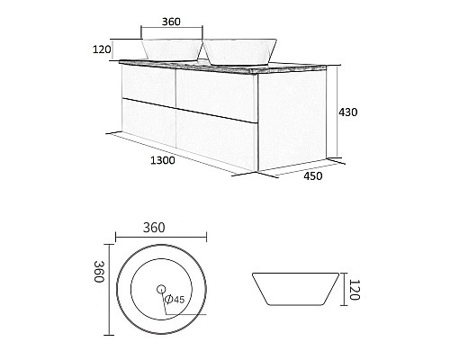 Тумба с раковиной Orange Otto 130 Ot-130TuWOOD+B08-360W подвесная Белая Ясень