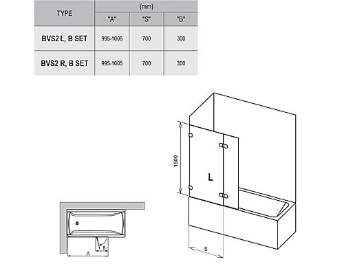 Шторка для ванны Ravak BVS2 7ULA0A00Z1 100 L хром прозрачный