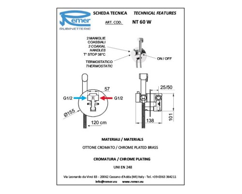 Смеситель гигиенический Remer Minimal Thermo NT60W с термостатом Хром