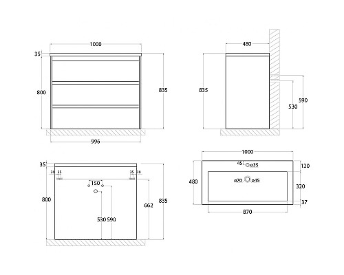 Тумба под раковину Art&Max FAMILY-1000-3C-PIA-BL Белый глянец