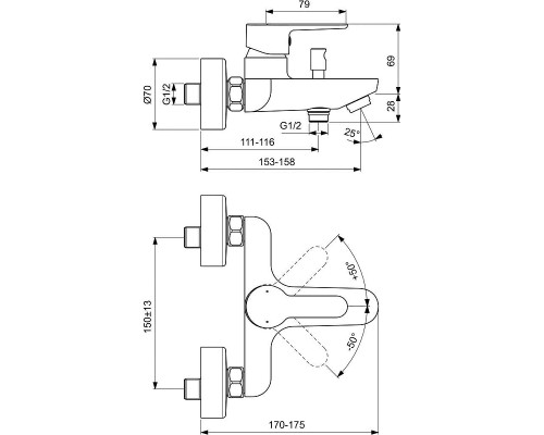 Смеситель для ванны Ideal Standard Sesia Хром