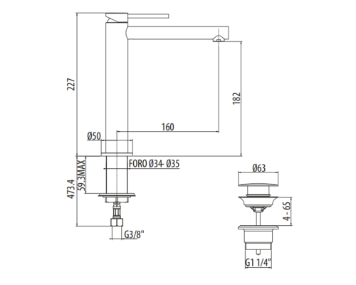 Высокий смеситель для раковины Gattoni Circle One с донным клапаном цвет Nero Opaco