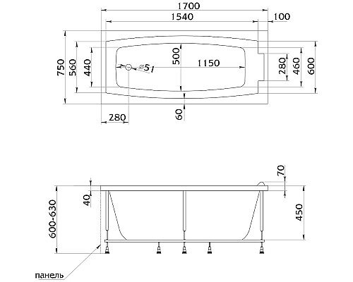 Акриловая ванна Marka One Aelita 170х75 01ае1775