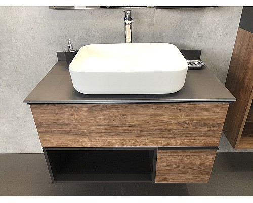 Тумба с раковиной Comforty Штутгарт 90 00-00002868 подвесная Дуб темно-коричневый Черная матовая