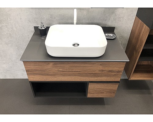 Тумба с раковиной Comforty Штутгарт 90 00-00002868 подвесная Дуб темно-коричневый Черная матовая