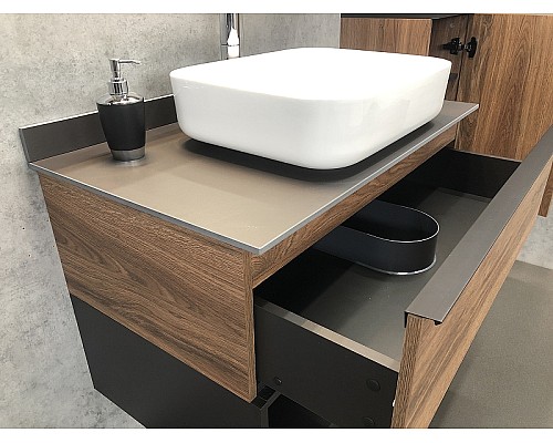 Тумба с раковиной Comforty Штутгарт 90 00-00002868 подвесная Дуб темно-коричневый Черная матовая