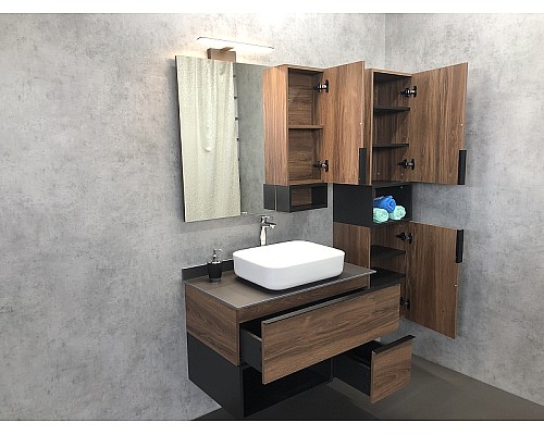 Тумба с раковиной Comforty Штутгарт 90 00-00002868 подвесная Дуб темно-коричневый Черная матовая