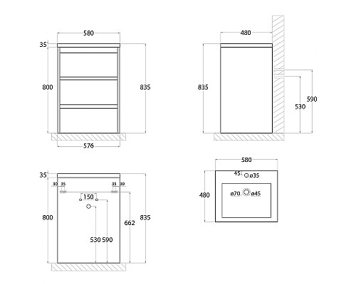 Тумба под раковину Art&Max FAMILY-580-3C-PIA-BL Белый глянец