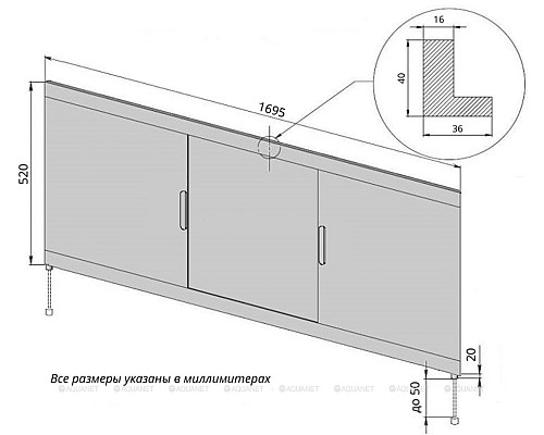 Фронтальная панель для ванны раздвижная Vita 170 белый