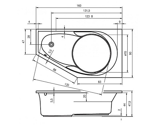Асимметричная ванна Riho Yukon 160x90 L BA3500500000000