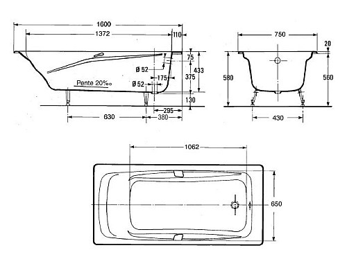 Ванна Jacob Delafon 160 x 75 cм с отверстиями для ручек. E2929-00