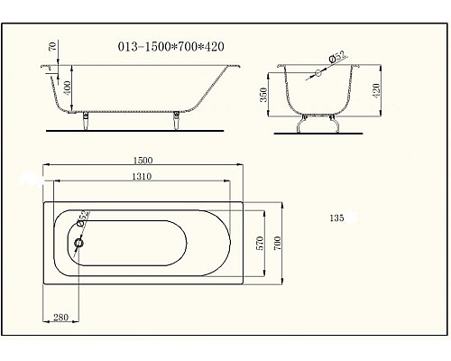Ванна чугунная BYON V0000218 1500x700x420