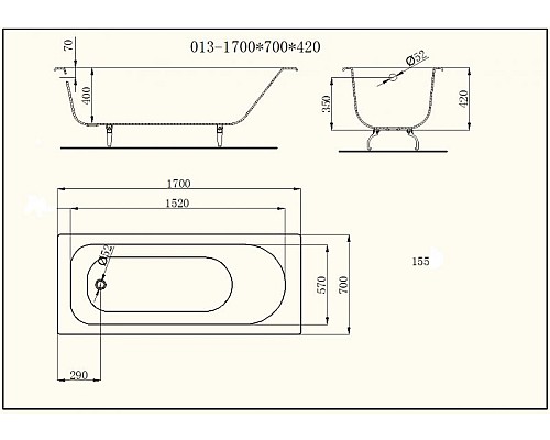 Ванна чугунная BYON V0000226 170x70x42