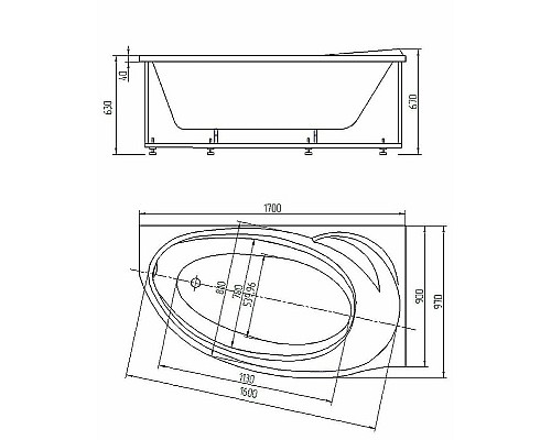 Акриловая ванна Aquatek Бетта 170x97 L BET170-0000099 без гидромассажа с фронтальной панелью с каркасом (разборный) со слив-переливом