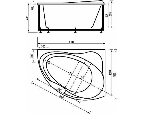 Акриловая ванна Aquatek Альтаир 158x119 L ALT160-0000067 без гидромассажа с фронтальной панелью с каркасом (вклеенный) со слив-переливом