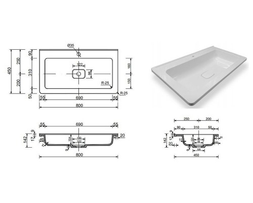 Раковина Эстет Каре Люкс 80 ФР-00005713 Белая