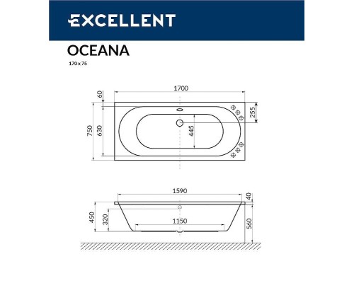Акриловая ванна Excellent Oceana Slim 170x75 WAEX.OCE17S.NANO.CR с гидромассажем