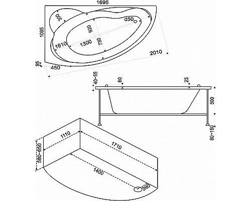Акриловая ванна Bas Лагуна 170x110 R В 00020 без гидромассажа