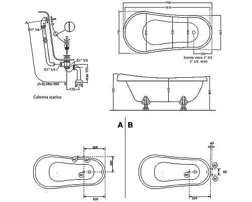 Акриловая ванна Kerasan Retro 170x77 105593 Белый Бронза