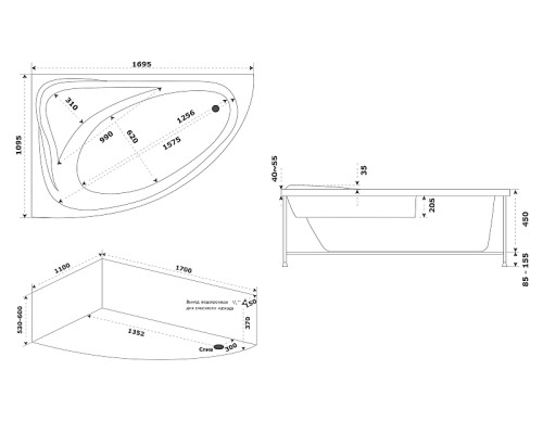 Акриловая ванна Bas Милан 170x110 L В 00061 без гидромассажа