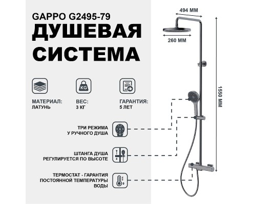 Душевая система Gappo с термостатом Оружейная сталь